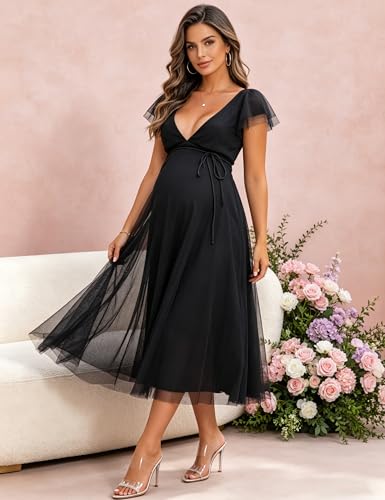 Maternity Midi Dress V Neck Flutter Sleeve Tie Waist Tulle Gown - color: Black, size: Medium