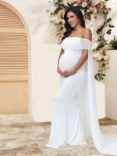 Maternity Mesh Off Shoulder Chiffon Cloak Maxi Photoshoot Dress - color: White, size: Medium