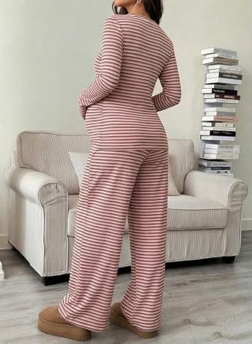 BLENCOT Maternity 2 Piece Outfits Striped Long Sleeve Pregnancy Set - color: Pink, size: XX-Large