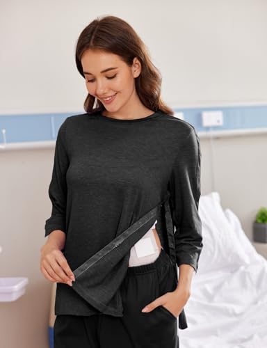Deyeek Women's Post Shoulder Surgery Shirts Tear Away 3/4 Snap Tops - color: Black, size: Medium