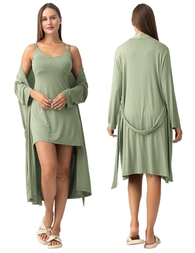 SUNNYBUY Nursing Nightgown & Maternity Robe Set for Postpartum Sleepwear - color: Greyish-green, size: Small