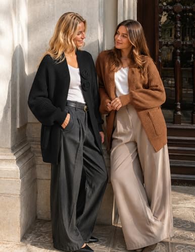 MEROKEETY Long Sleeve Oversized Cardigan Sweaters for Women - color: Brown, size: Large