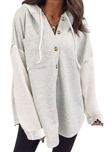 SHEWIN Women Oversized Hooded Sweatshirt Loose Fit Casual Button Hoodies - color: A Gray, size: Large