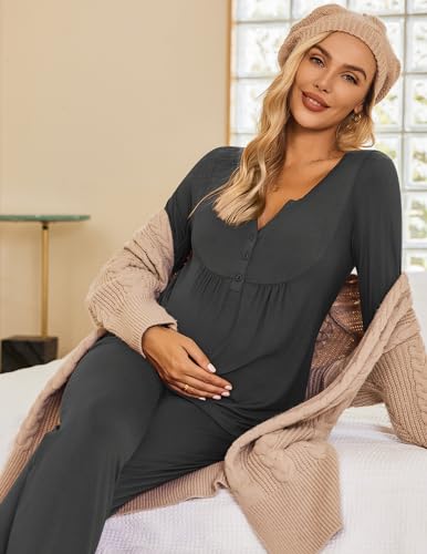 Ekouaer Maternity Nursing Pajama Set Long Sleeve Postpartum Pjs Mom Clothes - color: Grey, size: Small