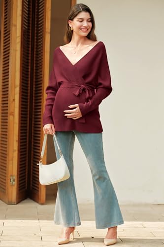 OUGES Womens Soft Cotton Blend Maternity Sweater Wrap V Neck Long Sleeve V Back Fall Shirts Pregnancy Outfits with Belt - color: Wine Red, size: Medium