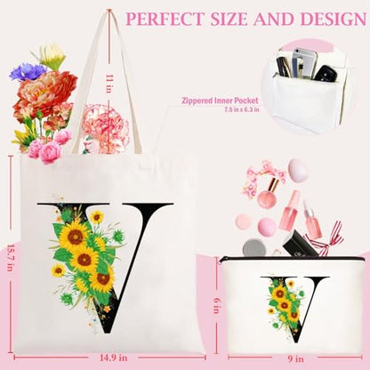 Andeiltech Initial Canvas Tote Bag Sunflower Letter Personalized Makeup Bag Monogrammed Gift for Bridesmaids Birthday Wedding - color: Sunflower Letter_v