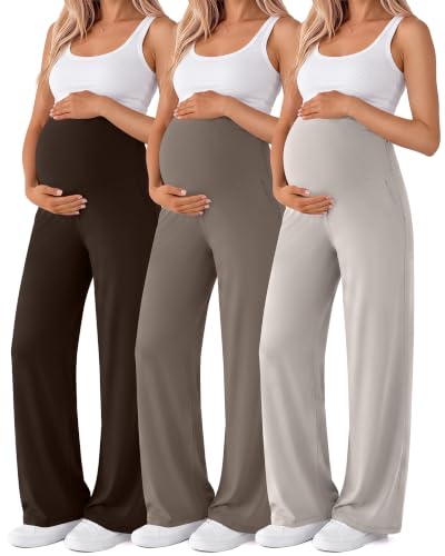 3 Pack Women's Maternity Yoga Pants with Pockets - color: Brown, Light Coffee, Cream, size: Medium