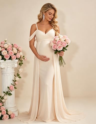Maternity Maxi Dress Off Shoulder Strap Chiffon Baby Shower Gown - size: Small