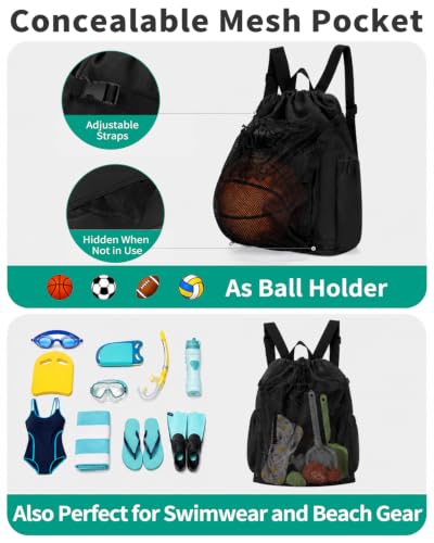 Drawstring Backpack with Shoe & Wet Compartments, Cup & Ball Holders, Black - color: Black