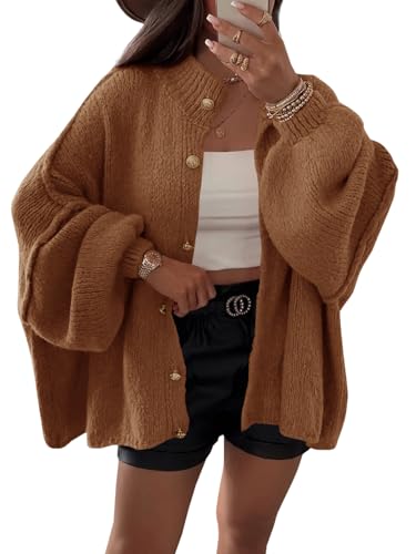 Saodimallsu Womens Oversized Cardigans Long Lantern Sleeve Button Down Chunky Knit Loose Fall Sweater Coats - color: Brown, size: Small