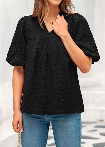 MASCOMODA Womens Puff Short Sleeve Peplum Babydoll Tops 2026 - color: Black, size: Medium