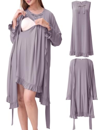 Maternity Nursing Gown & Robe Set, Ruffle Labor Delivery Nightgowns - color: Dust Purple, size: X-Large