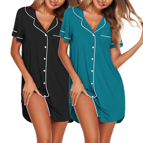 Ekouaer Nightgowns for Women 2 Pack Button Down Sleepwear Soft Sleepshirts - color: Black/Blue Green, size: Small