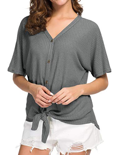 IWOLLENCE Women's Waffle Knit Tunic Blouse Tie Knot Short Sleeve Henley Tops Loose Fitting Bat Wing Shirts - color: C-dark Grey, size: Small