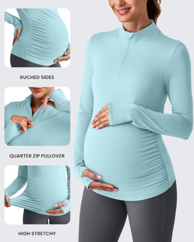 G4Free Lightbreeze Maternity Shirts Long Sleeve Quarter Zip Pregnancy Top - color: Light Blue, size: Small