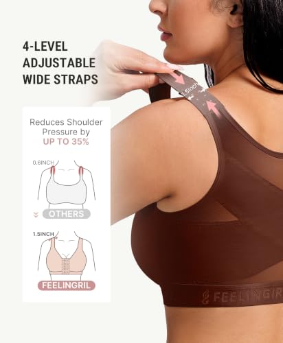 FeelinGirl Front Closure Post Surgery Compression Bra with Adjustable Straps Wireless Breast Augmentation Post Op Bras - color: Brown, size: Medium