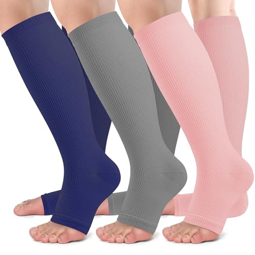 bropite Open Toe Compression Socks for Women，3 Pairs Toless Knee-High Socks - color: D-dbgp Open, size: Small-Medium