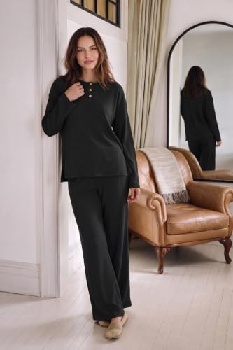 Ekouaer Womens Pajama sets Long Sleeve Cozy 2 Piece Matching Lounge Set - color: Black, size: Large