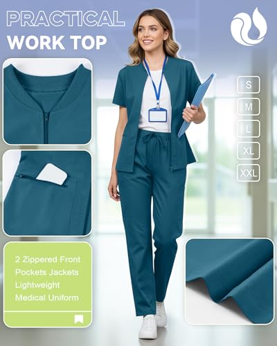 Oakgarden Womens Scrub Top Short Sleeve Nurse Shirts - color: Blue Green, size: Small