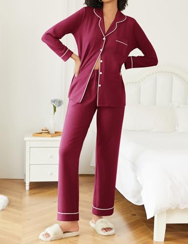 Ekouaer Womens Pajamas Set Button Down Long Sleeve Top & Pants Lounge Sets - color: Wine Red, size: Small