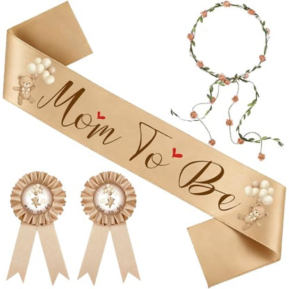 Bearly Wait Mom to Be Sash Teddy Bear Baby Shower Decor Set - color: Brown
