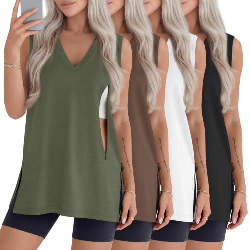 4 Pack Womens Nursing Oversized Tank Tops - color: Gray Green, Coffee, White, Black, size: Small