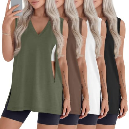 4 Pack Womens Nursing Oversized Tank Tops - color: Gray Green, Coffee, White, Black, size: Small