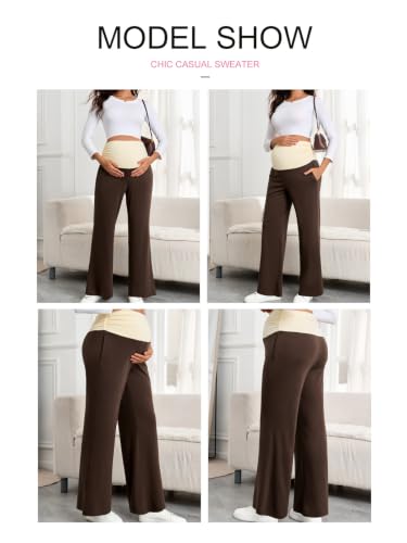 BLENCOT Women's Maternity Pants Wide Leg Over The Belly Pregnancy Pants - color: Brown, size: Small