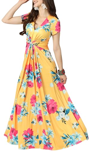 KOH KOH Womens Long Flowy Cap Sleeve Empire Waist Cocktail Maxi Dress Gown - color: Yellow and Pink, size: Large