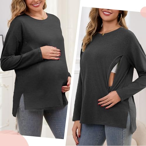 Women's Nursing Shirts Long Sleeve with Hidden Zipper Oversized Breastfeeding Tops Side Split Maternity Blouse - color: Charcoal Gray, size: X-Large