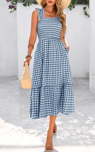 PRETTYGARDEN Women's Summer Dress Casual Ruffle Strap Gingham Midi Sundress - color: Dark Blue, size: Small