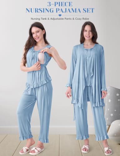 SUNNYBUY 3 PCS Ruffle Maternity Nursing Pajamas Set & Robe for Postpartum - color: Baby Blue, size: Medium