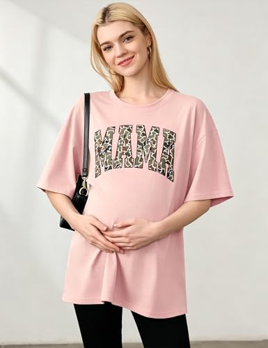 Oversized Mama Shirts for Women Camo Mama Letter Print Tshirt Mom Life Tops - color: Pink, size: Medium