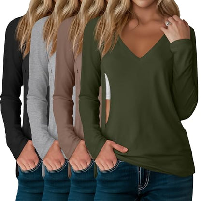 4 Pack Women's Long Sleeve Nursing Maternity Shirts - color: Black, Light Gray, Mocha, Army Green, size: Small