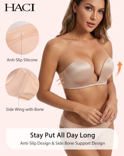 HACI Plunge Deep U Strapless Bra Push Up Demi Everyday Seamless Underwire - color: Beige, size: 38B