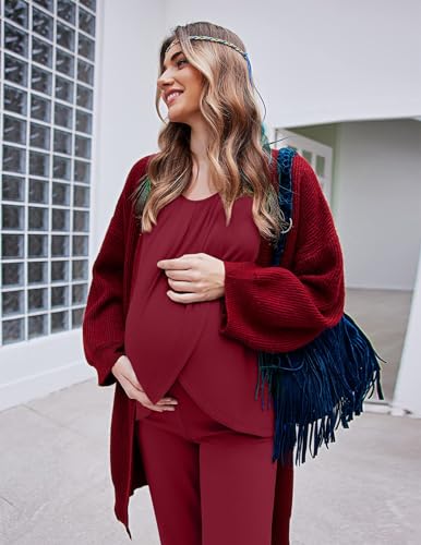 Ekouaer Maternity Nursing Pajama Set Long Sleeve Breastfeeding Sleepwear - color: A Wine Red, size: Small
