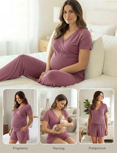 PATPAT 3-Piece Maternity Nursing Pajamas, Womens Lounge Set with Pockets - color: Rust Red, size: Small