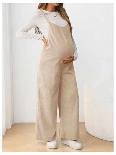 OYOANGLE Women's Maternity Overalls Spaghetti Strap Pregnancy Jumpsuits - color: Apricot, size: Small