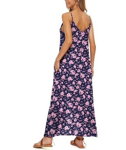LILBETTER Women V-Neck Polka Dot Print Spaghetti Strap Boho Long Maxi Dresses - color: Navy Blue Pink, size: Medium