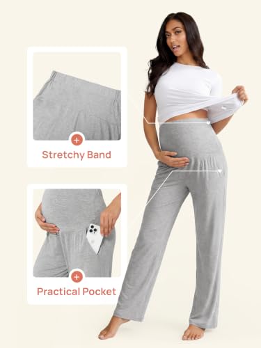 Summer Mae Viscose Maternity Pants Pregnancy Pajama Lounge Pant with Pocket - color: Light Grey, size: Medium