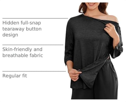 Deyeek Women's Post Shoulder Surgery Shirts Tear Away 3/4 Snap Tops - color: Black, size: X-Large