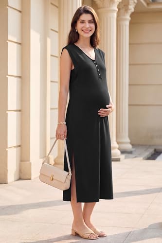 OUGES Women's Anti-Wrinkle Airy Layer Summer Maternity Dress V Neck Split Midi Nursing Dresses with Pockets 2026 - color: Black, size: X-Large