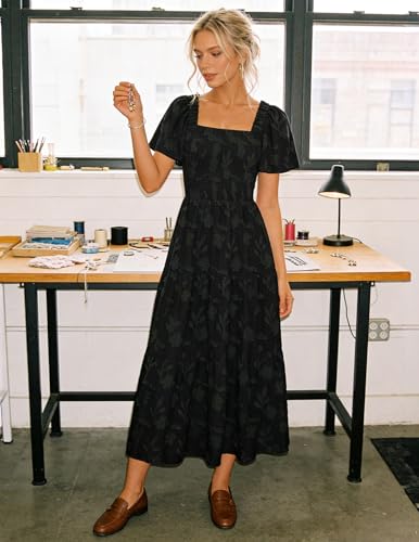 ZESICA Womens 2026 Summer Boho Wedding Guest Midi Dresses - color: Black, size: X-Small