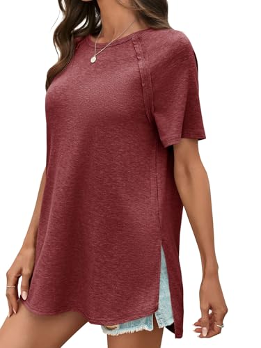 Cicy Bell Womens Short Sleeve Tunic Tops Crew Neck Side Split T Shirts - color: Wine Red, size: Small