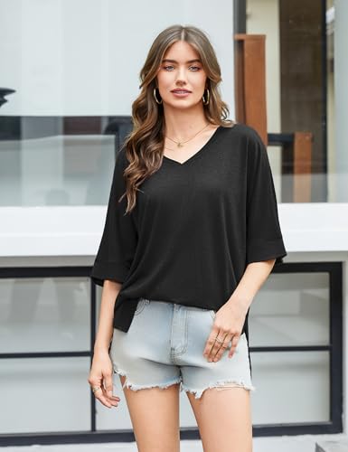 Totatuit Womens Oversized T Shirts Short Sleeve V Neck Basic Tees Tops - color: Black, size: Small