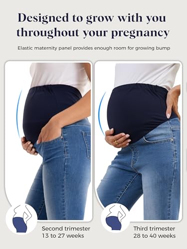 SEVEGO Women's 29"/31"/33"/35" Maternity Bootcut Jeans Over the Belly Pregnancy Flare Stretch Denim Pants Pockets Comfy - color: Blue, size: Medium
