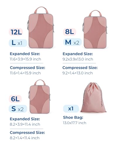 Bagsmart Compression Packing Cubes, Travel Bag Cruise Ship Essentials - color: Clay Pink, size: 6 Set