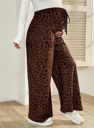 BLENCOT Maternity Pants Leopard Wide Leg Drawstring Pregnancy Trousers - color: Brown, size: X-Large