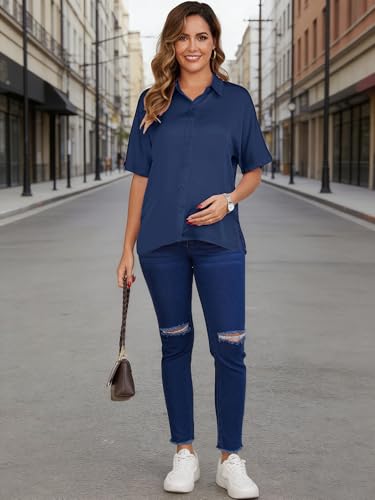 Maternity Shirts Button Down Work Business - color: Navy, size: Small