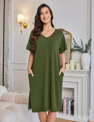 Ekouaer Womens Plus Size Nightgown Bamboo Viscose Short Sleeve Sleepshirt - color: Green, size: Small